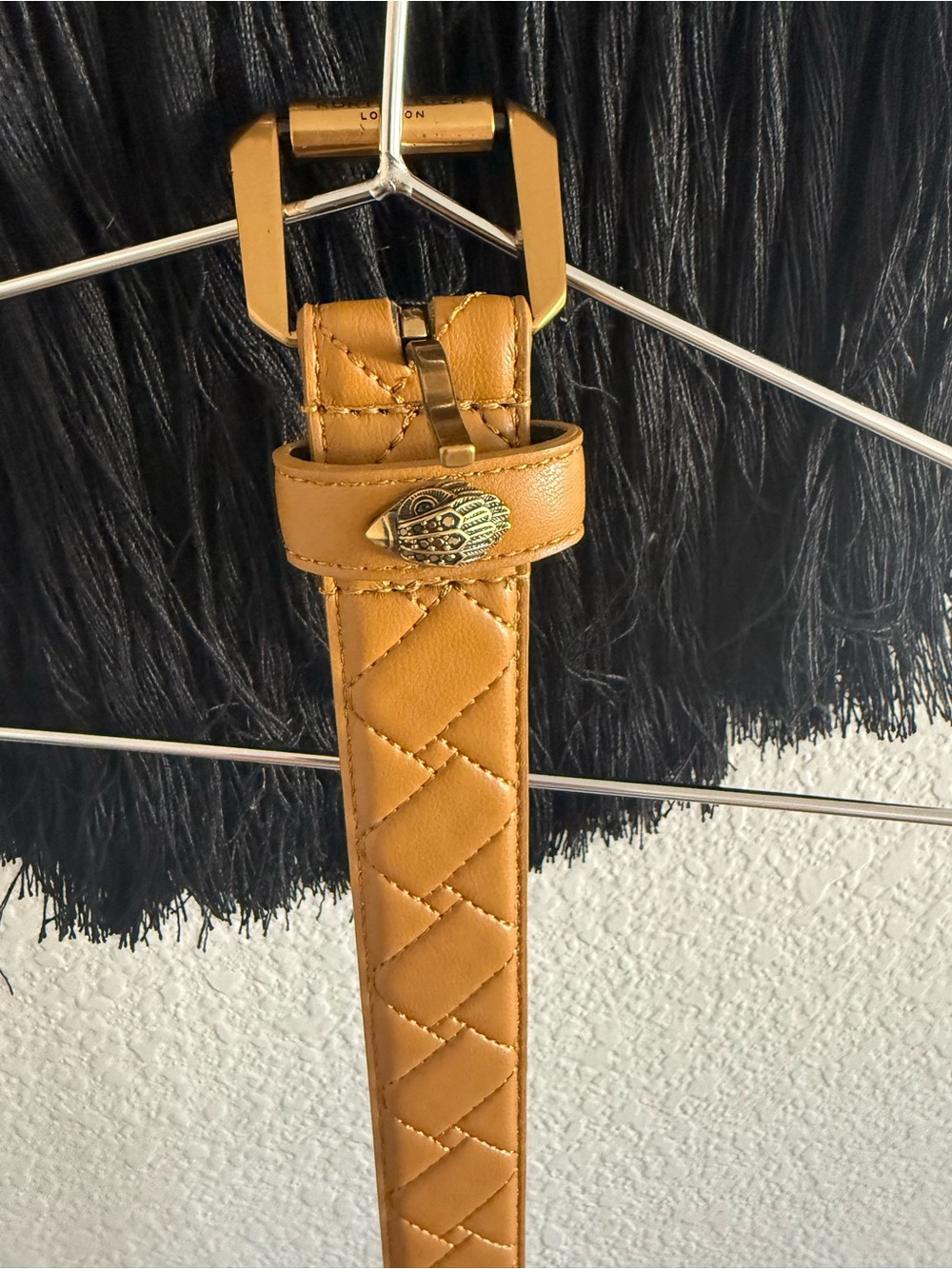 Kurt Geiger Quilted Tan Leather Belt with Gold Buckle and Emblem